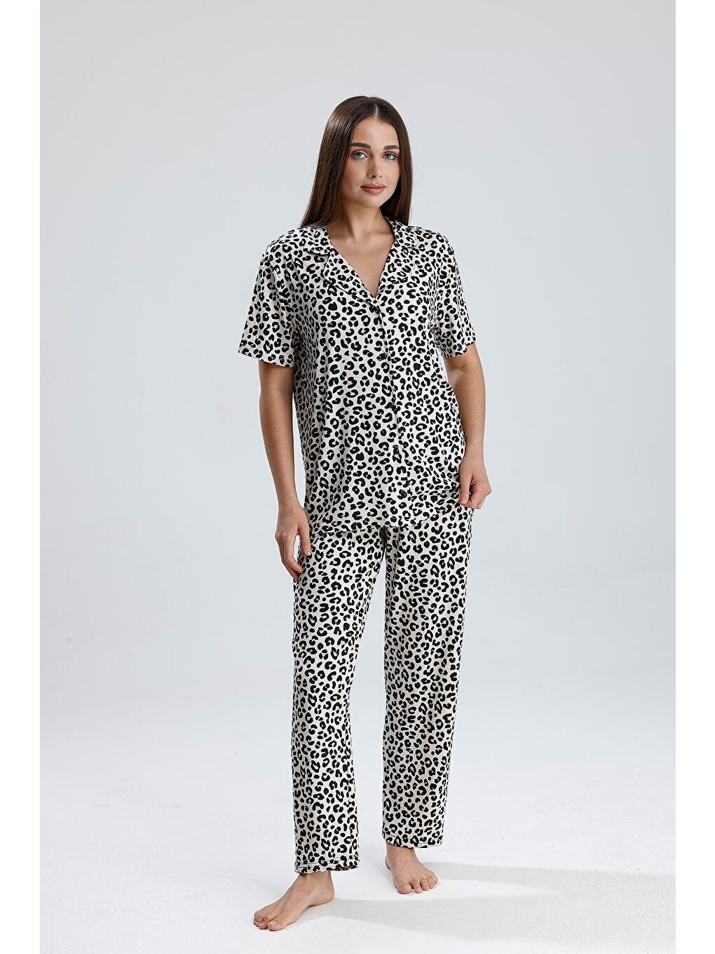 Sarı Kadın Leopar Desen Önden Düğmeli Pijama Takım