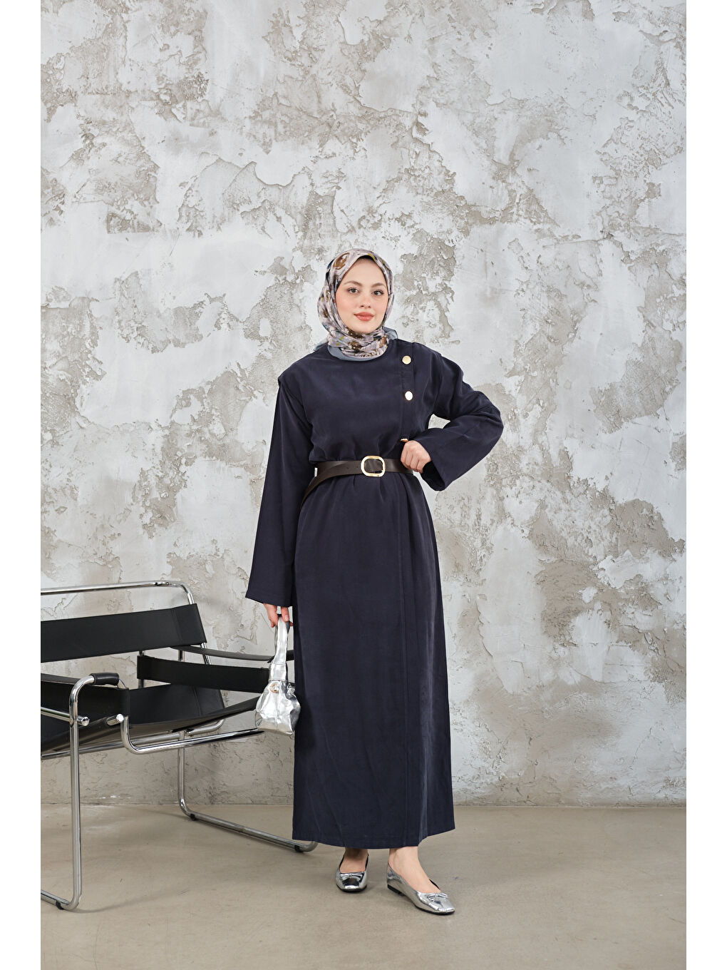 Kadın Kemerli Elbise Lacivert-2
