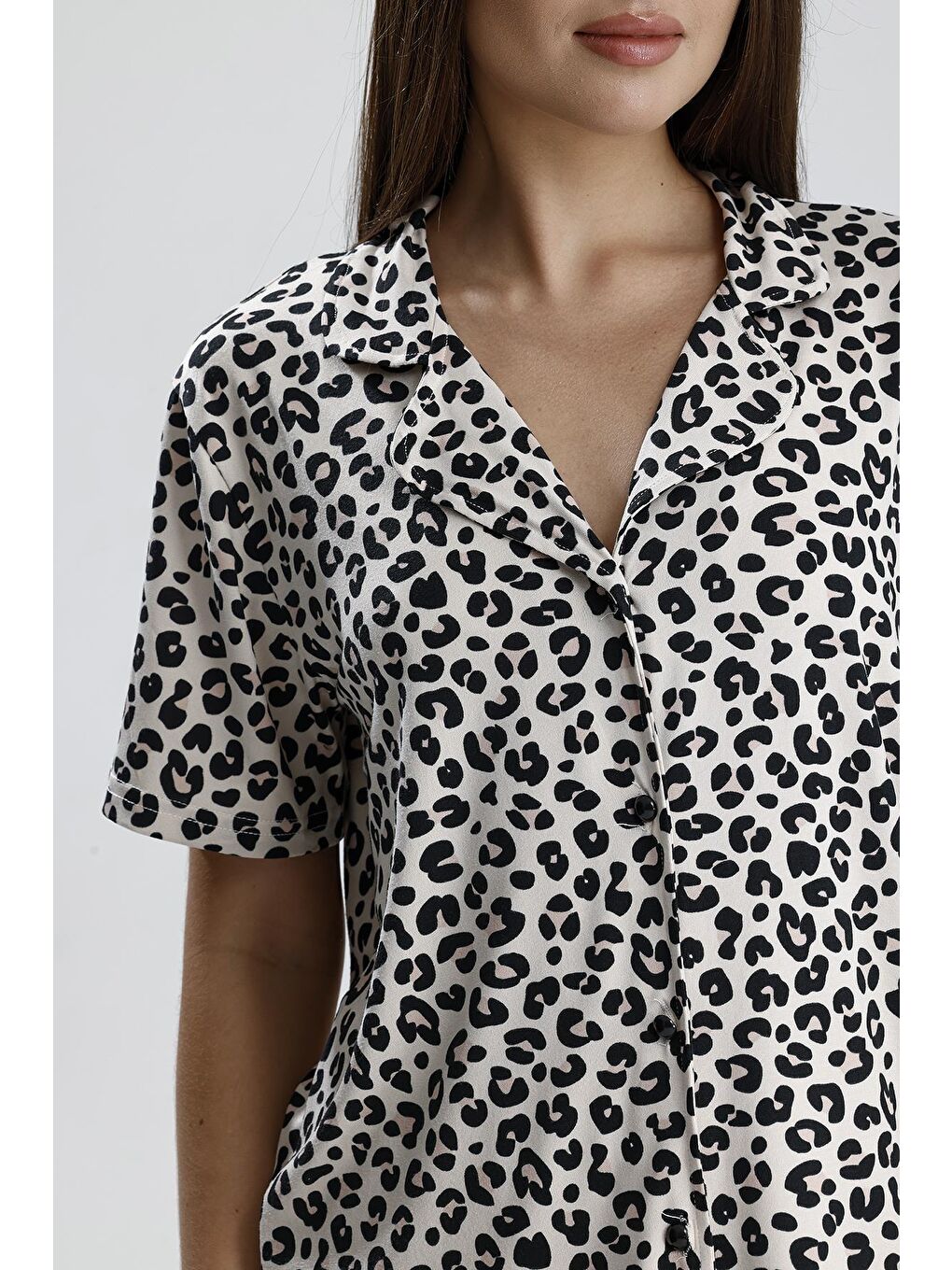 Sarı Kadın Leopar Desen Önden Düğmeli Pijama Takım-1