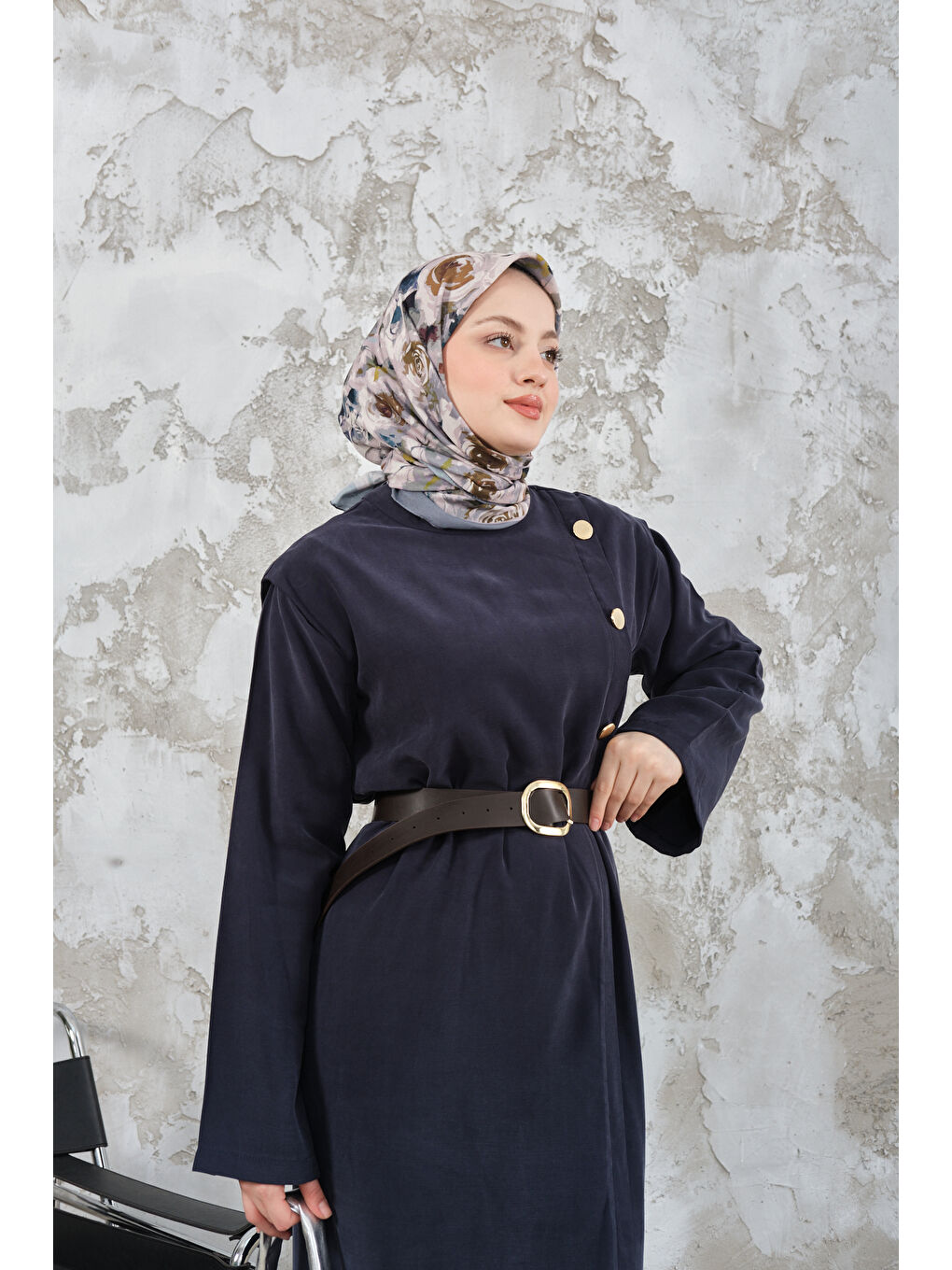 Kadın Kemerli Elbise Lacivert-3