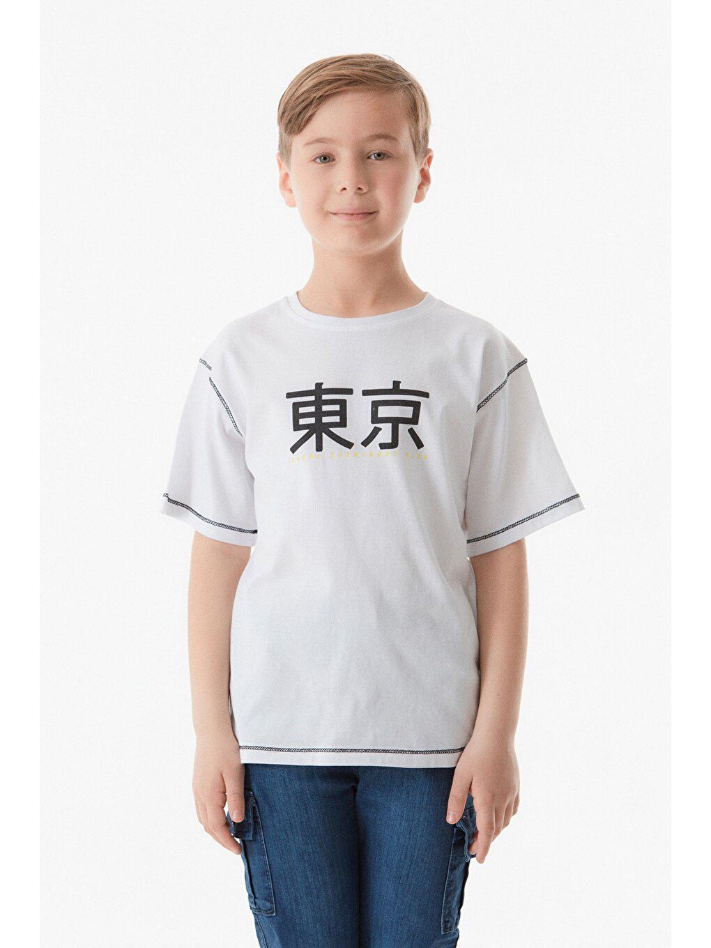 Beyaz Baskılı Bisiklet Yaka Erkek Çocuk Tişört