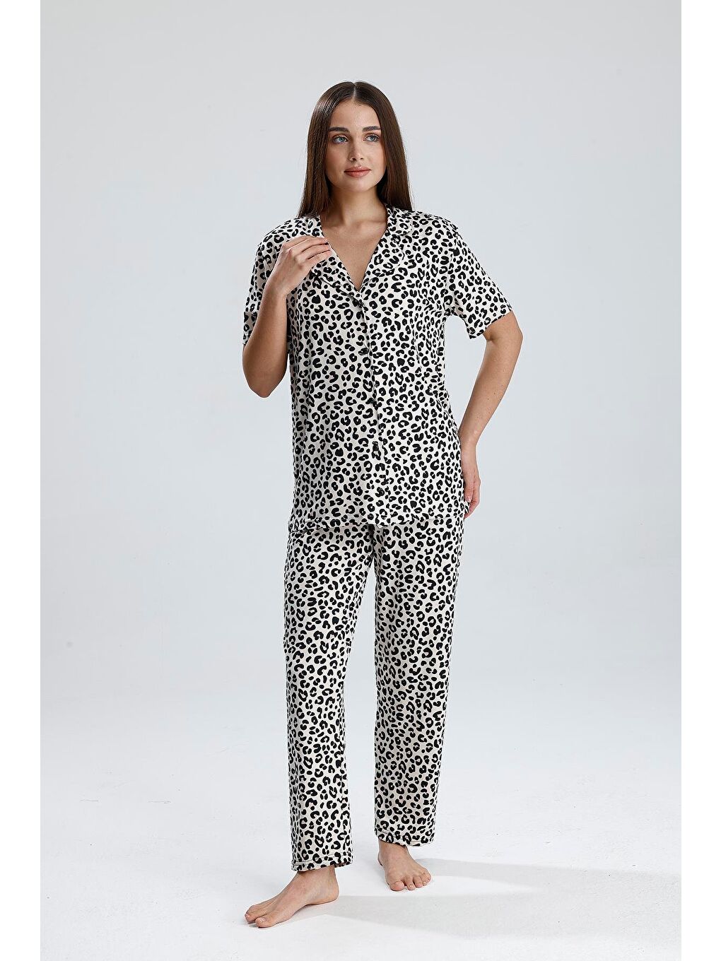 Sarı Kadın Leopar Desen Önden Düğmeli Pijama Takım-2