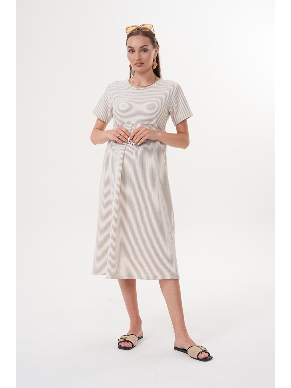 Bej Çizgili Hamile ve Lohusa Kısa Kol Uzun Elbise