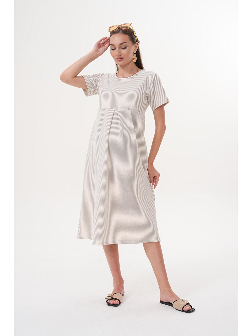 Bej Çizgili Hamile ve Lohusa Kısa Kol Uzun Elbise-1