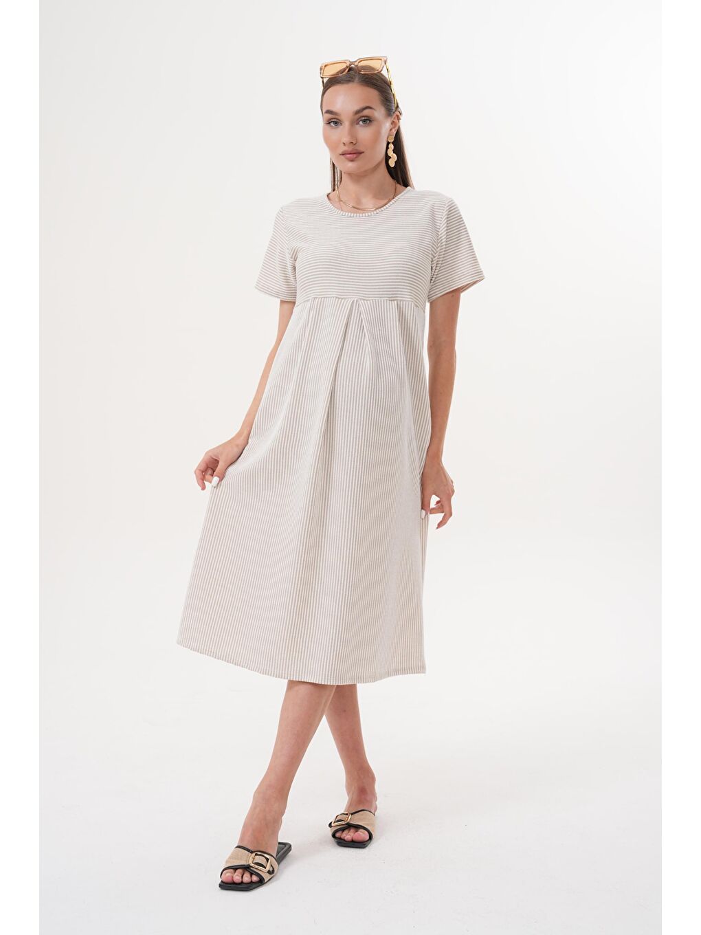 Bej Çizgili Hamile ve Lohusa Kısa Kol Uzun Elbise-2