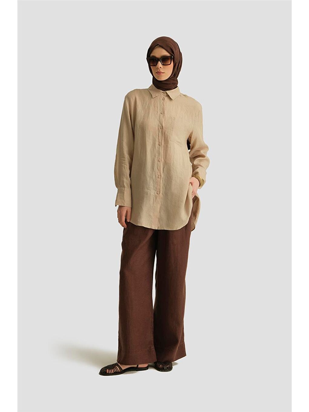 Kahverengi Keten Palazzo Pantolon 25Yd4231-2 Acı Kahve-1