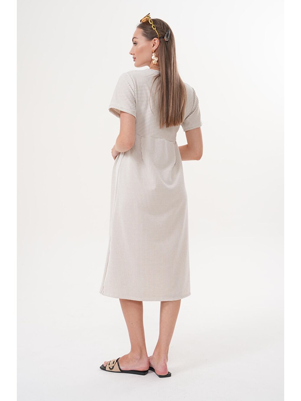 Bej Çizgili Hamile ve Lohusa Kısa Kol Uzun Elbise-3