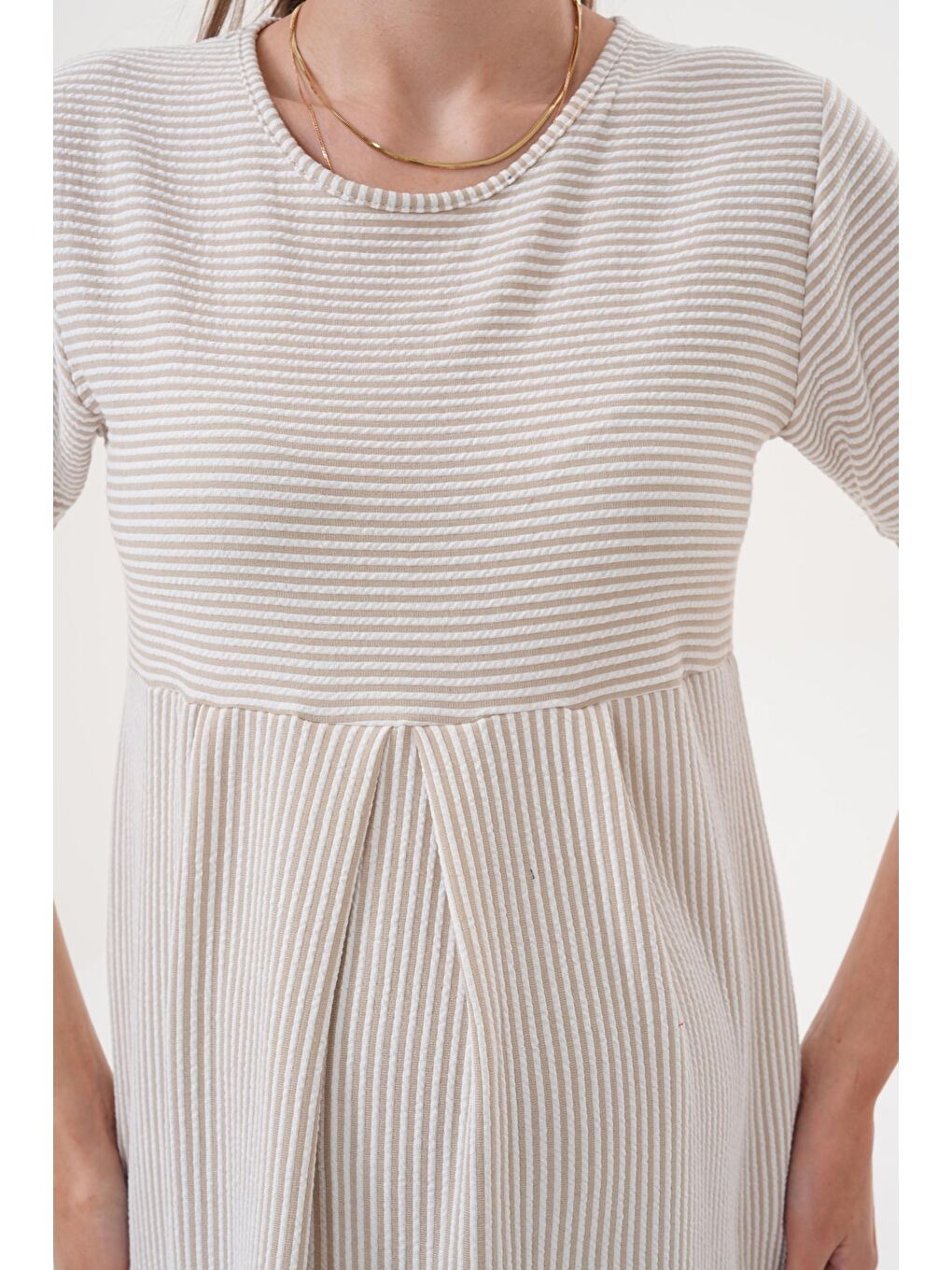 Bej Çizgili Hamile ve Lohusa Kısa Kol Uzun Elbise-4