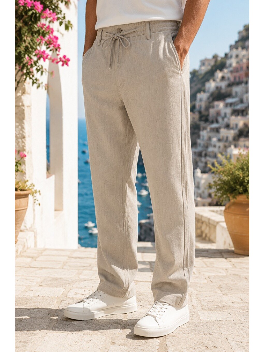 Erkek Comfort Fit Bej Çizgili Jogger Pantolon Esnek Kumaş 0247dngr-1