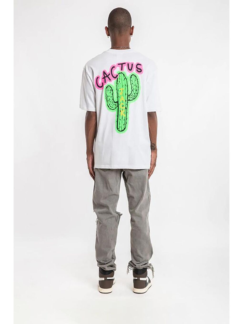Beyaz Kaktüs Baskılı Bisiklet Yaka Unisex  Tişört-2