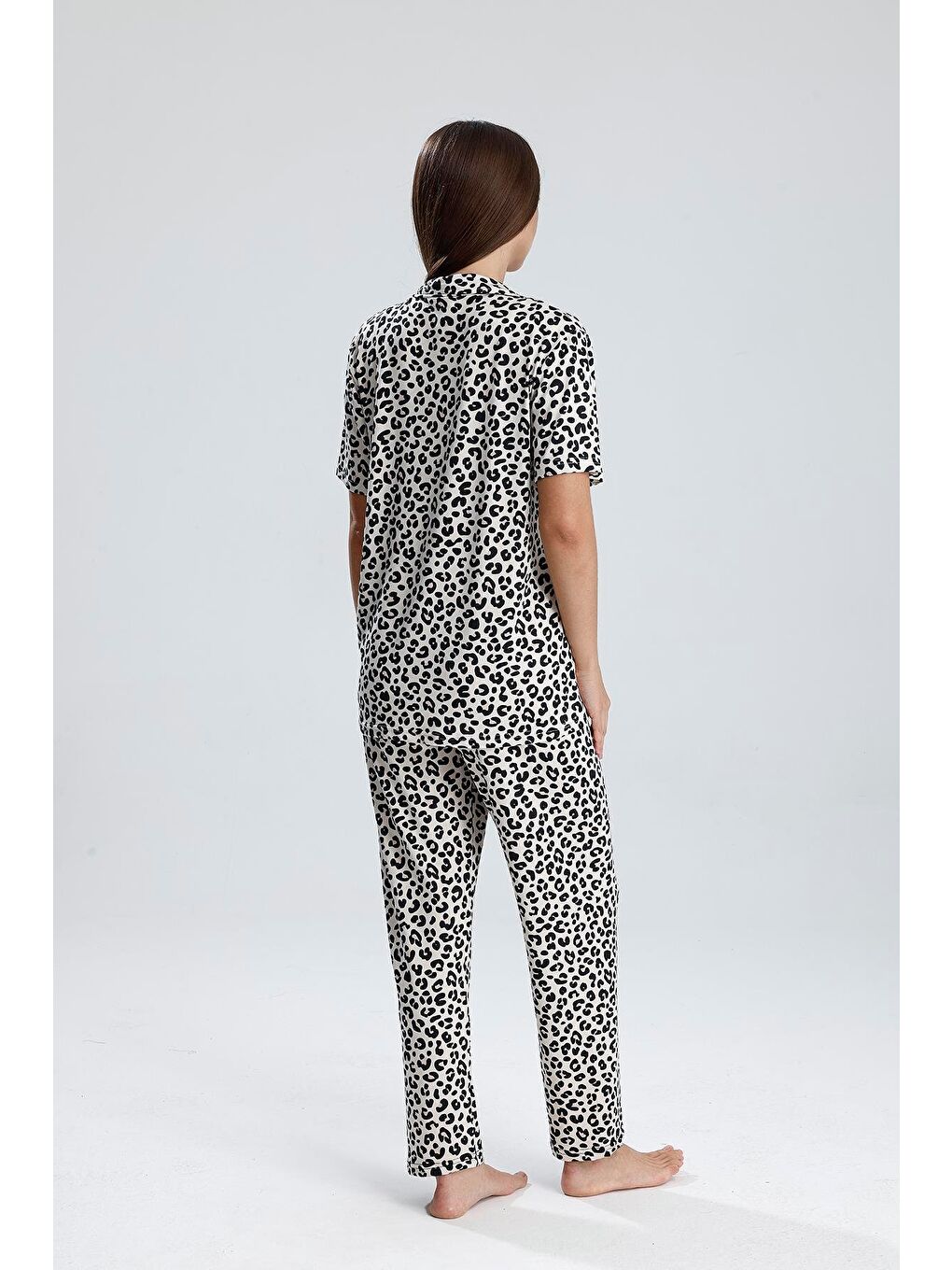 Sarı Kadın Leopar Desen Önden Düğmeli Pijama Takım-4