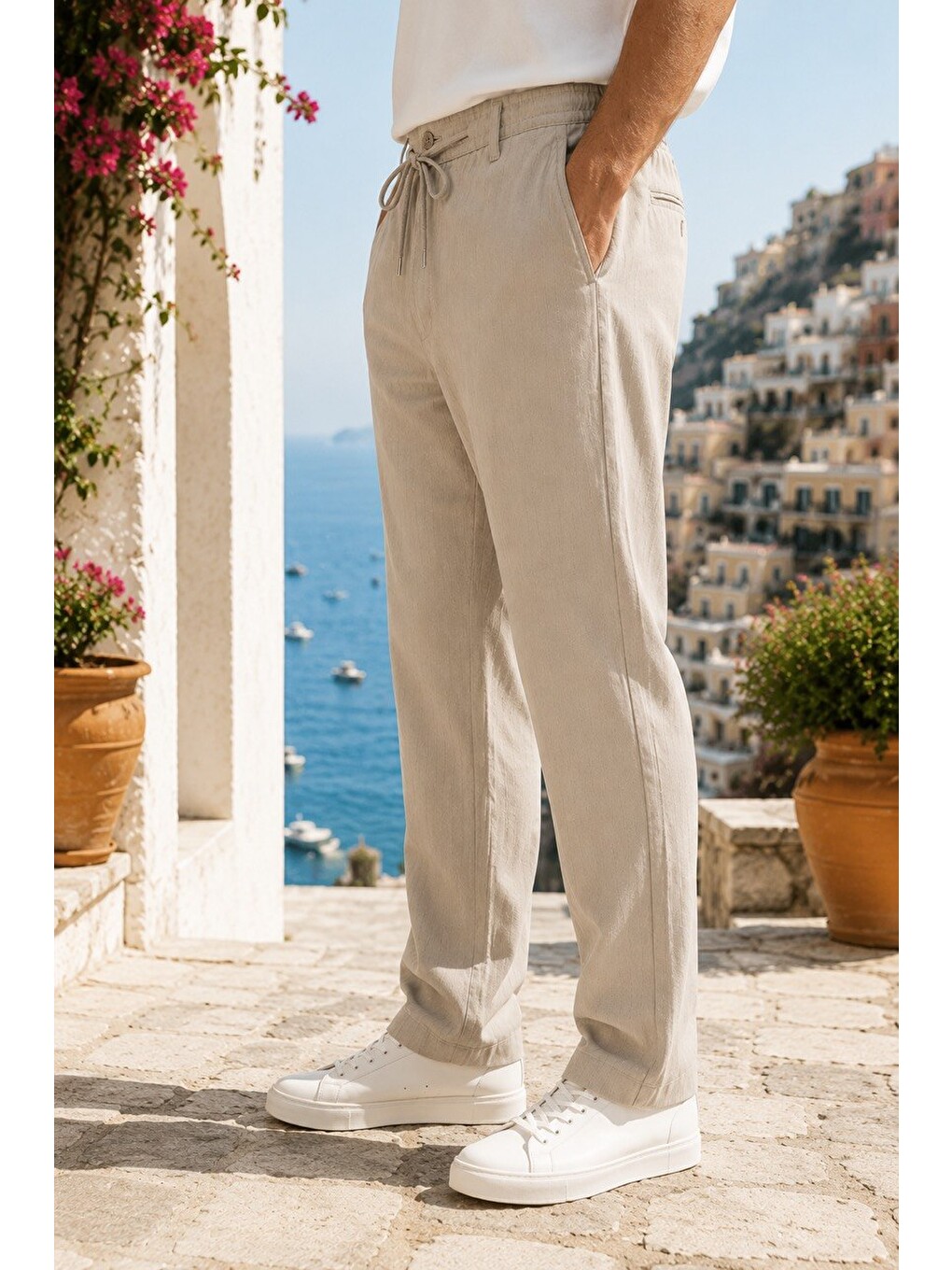 Erkek Comfort Fit Bej Çizgili Jogger Pantolon Esnek Kumaş 0247dngr-2