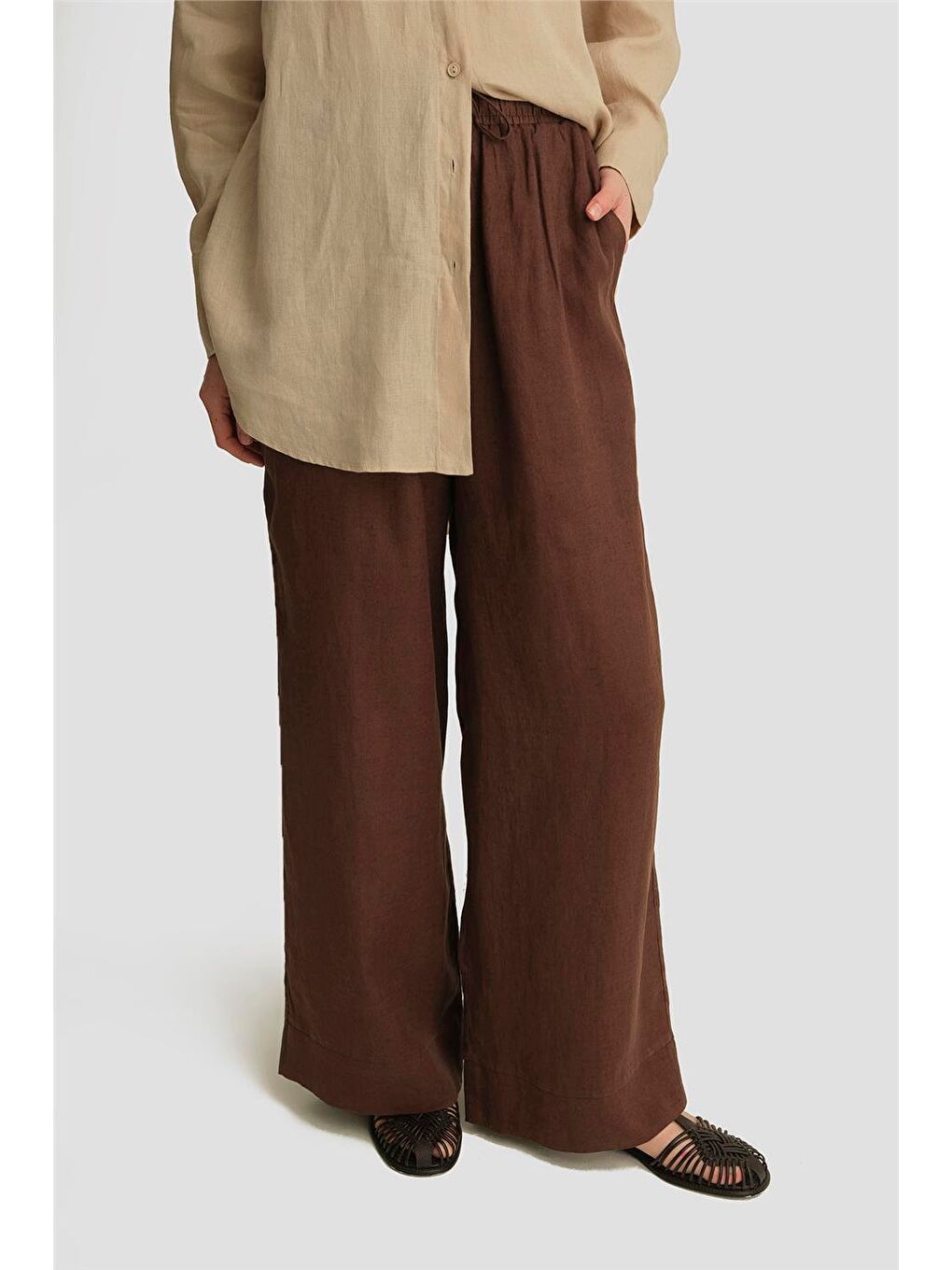 Kahverengi Keten Palazzo Pantolon 25Yd4231-2 Acı Kahve-2