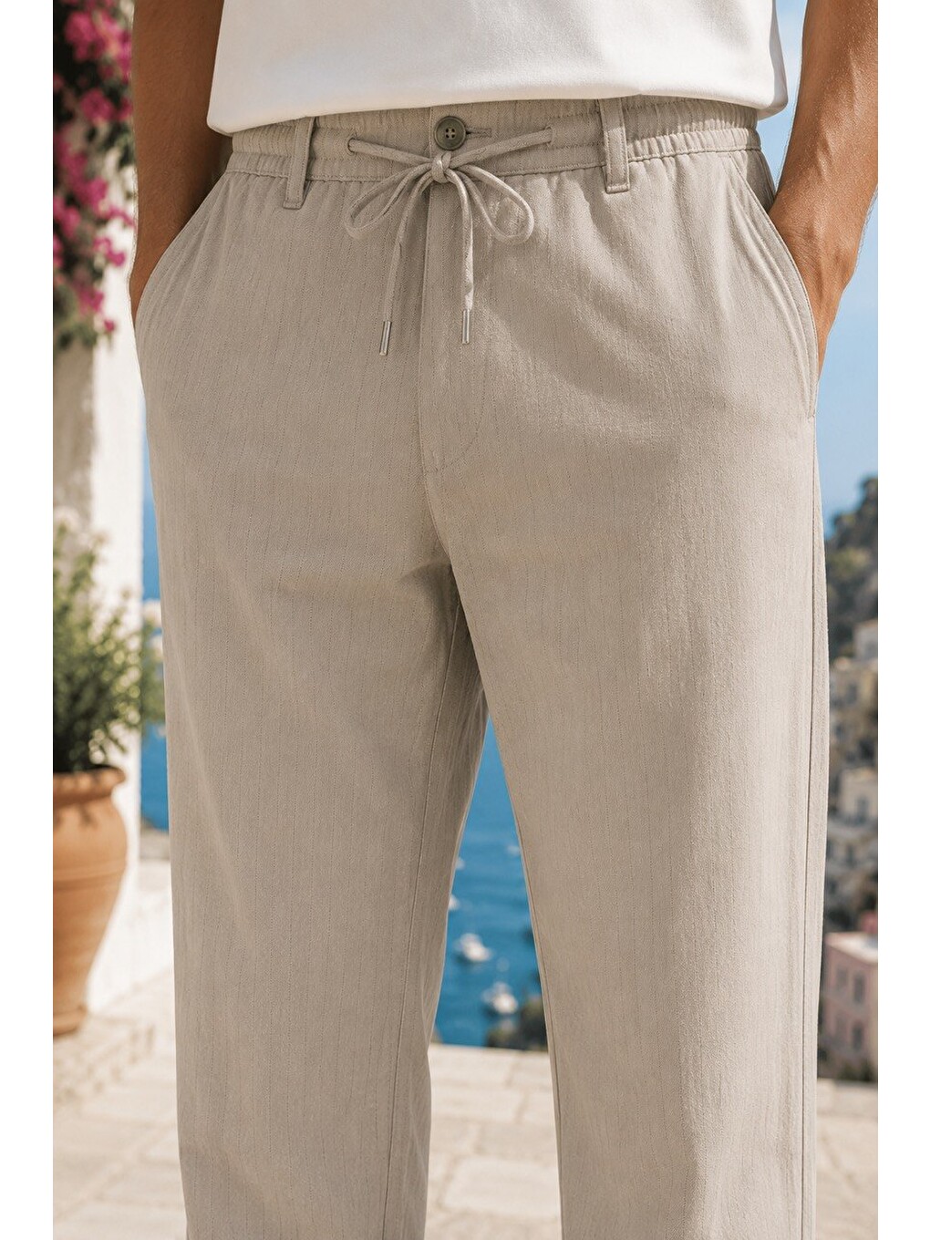 Erkek Comfort Fit Bej Çizgili Jogger Pantolon Esnek Kumaş 0247dngr-4
