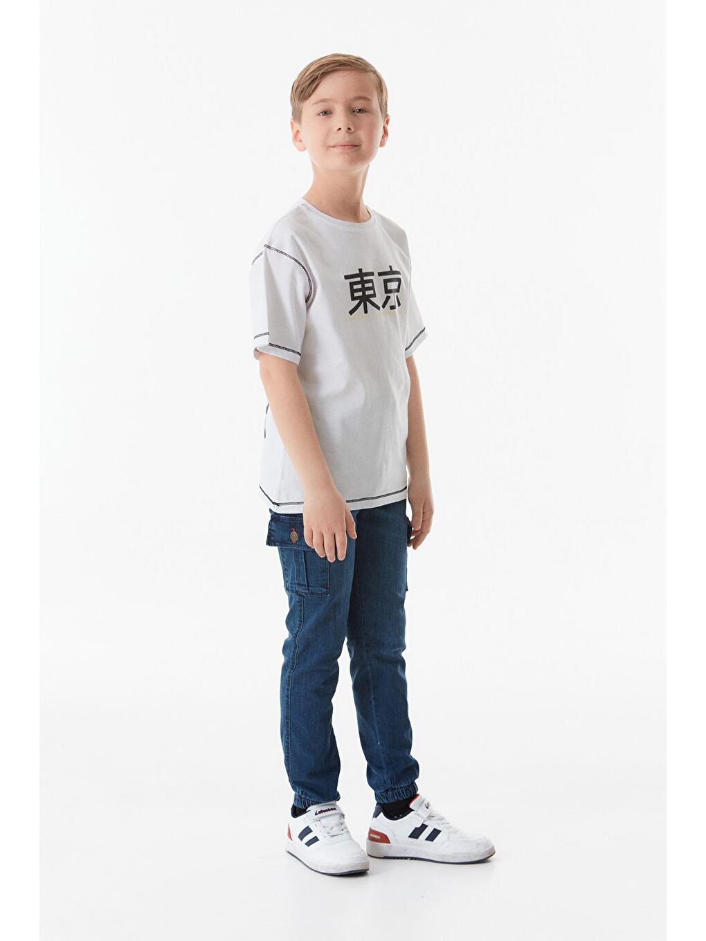 Beyaz Baskılı Bisiklet Yaka Erkek Çocuk Tişört-1