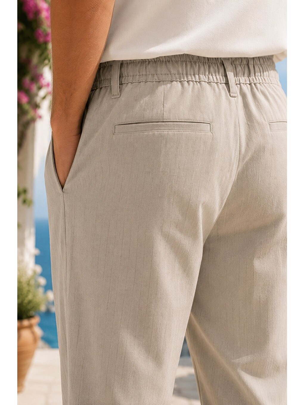 Erkek Comfort Fit Bej Çizgili Jogger Pantolon Esnek Kumaş 0247dngr-5