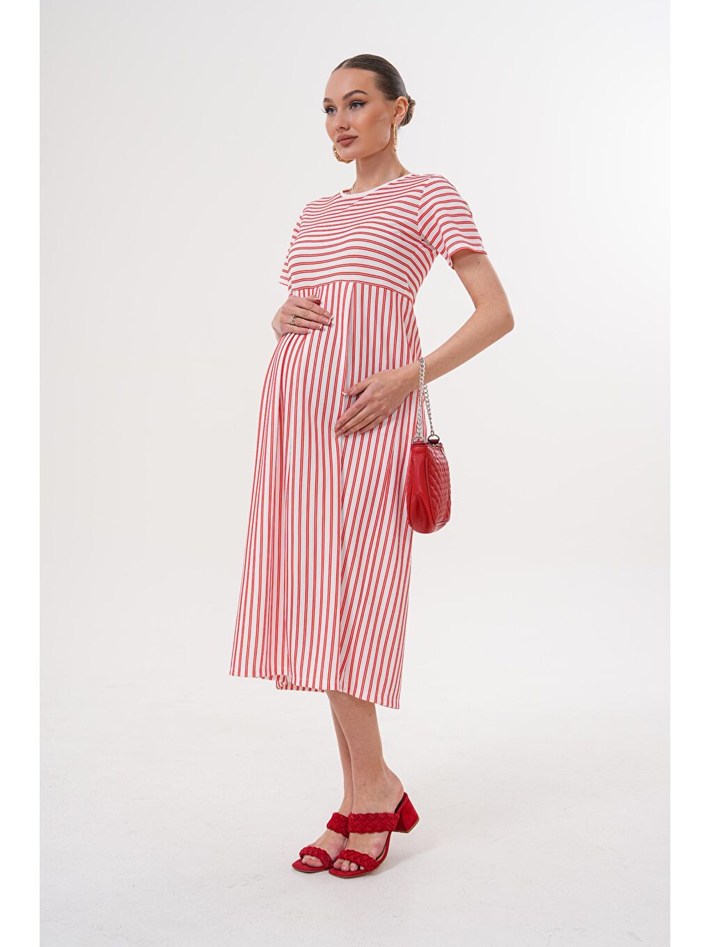 Kırmızı Beyaz Çizgili Hamile ve Lohusa Kısa Kol Uzun Elbise-1