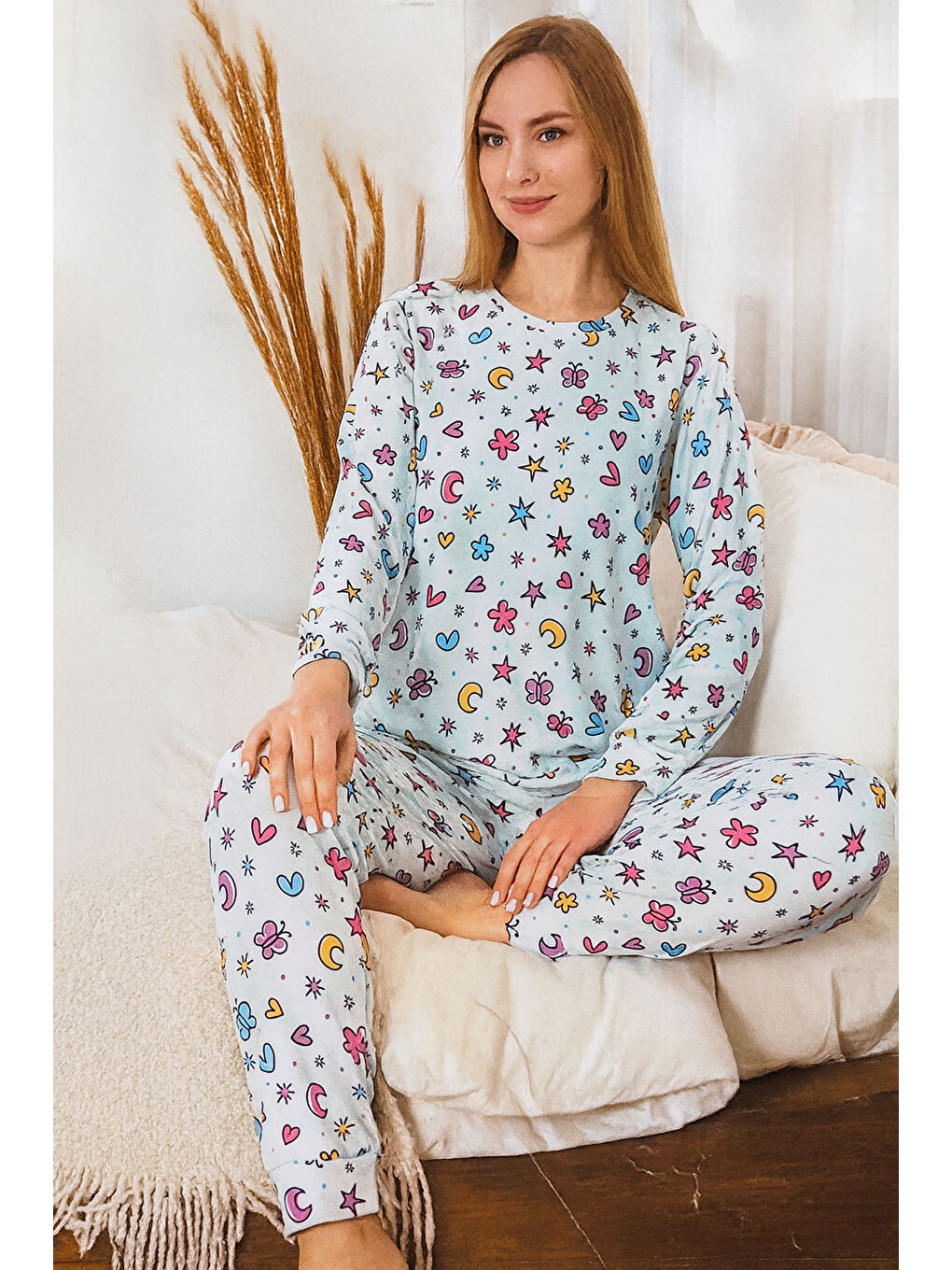 Kadın Kelebek Desen Comfort Pijama Takımı 0501 Buz Mavi-1