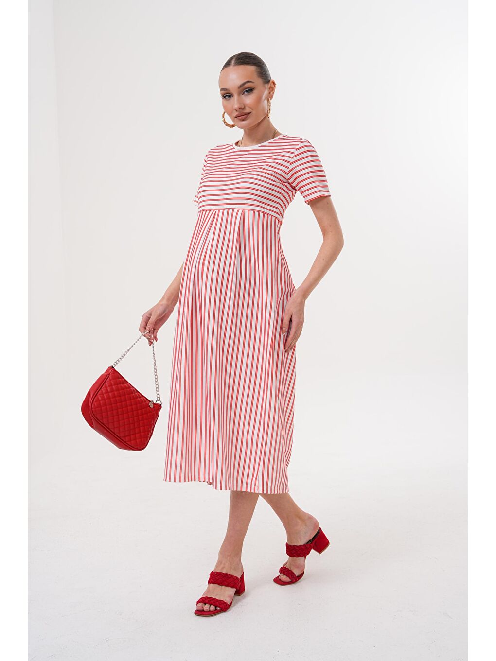 Kırmızı Beyaz Çizgili Hamile ve Lohusa Kısa Kol Uzun Elbise-2