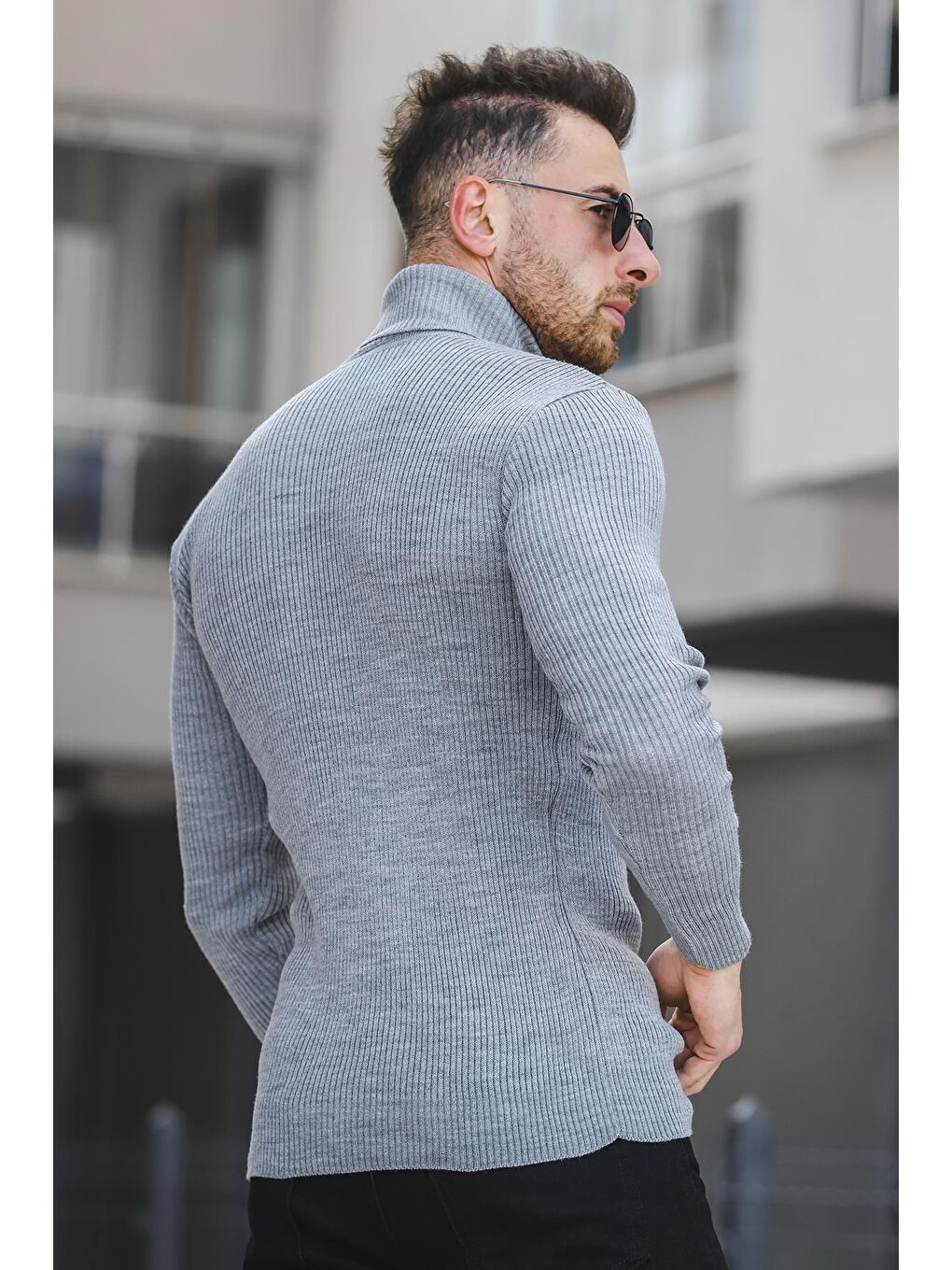 Oksit Gri 813 İnce Fitilli Slim Fit Erkek Boğazlı Kazak - 3