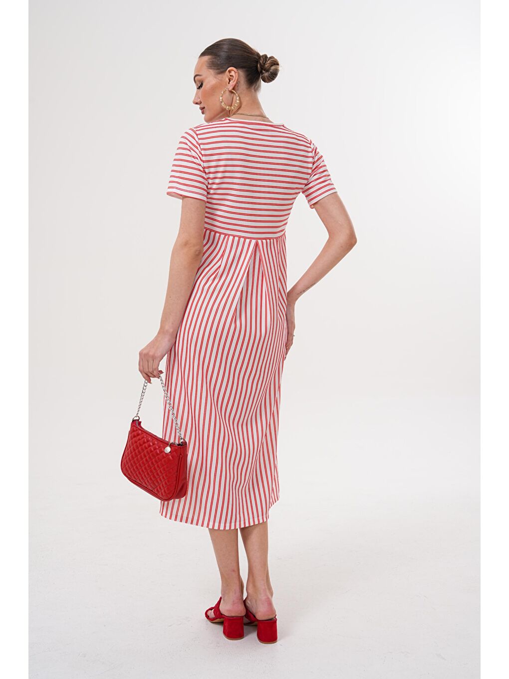 Kırmızı Beyaz Çizgili Hamile ve Lohusa Kısa Kol Uzun Elbise-4