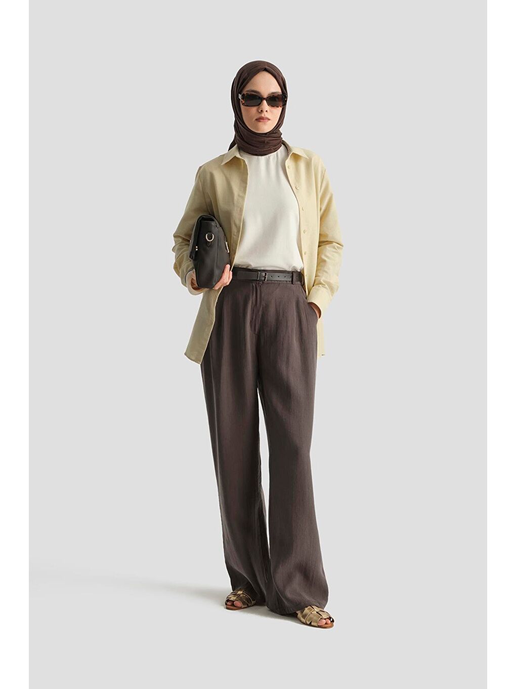 Kahverengi Kemerli Palazzo Lyocell Pantolon 25Y2810 Kakao-1