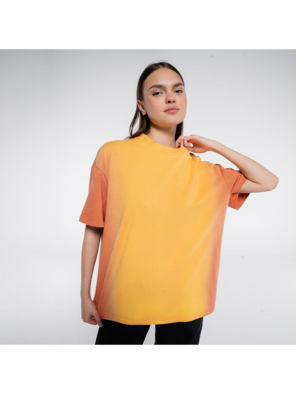 Seyu Kadın Turuncu %100 Pamuk Yıkamalı Ekstra Oversize Bisiklet Yaka Tişört