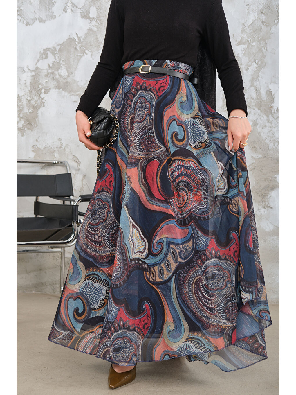 Kadın Kemerli Şifon Etek Saks Mavi-1