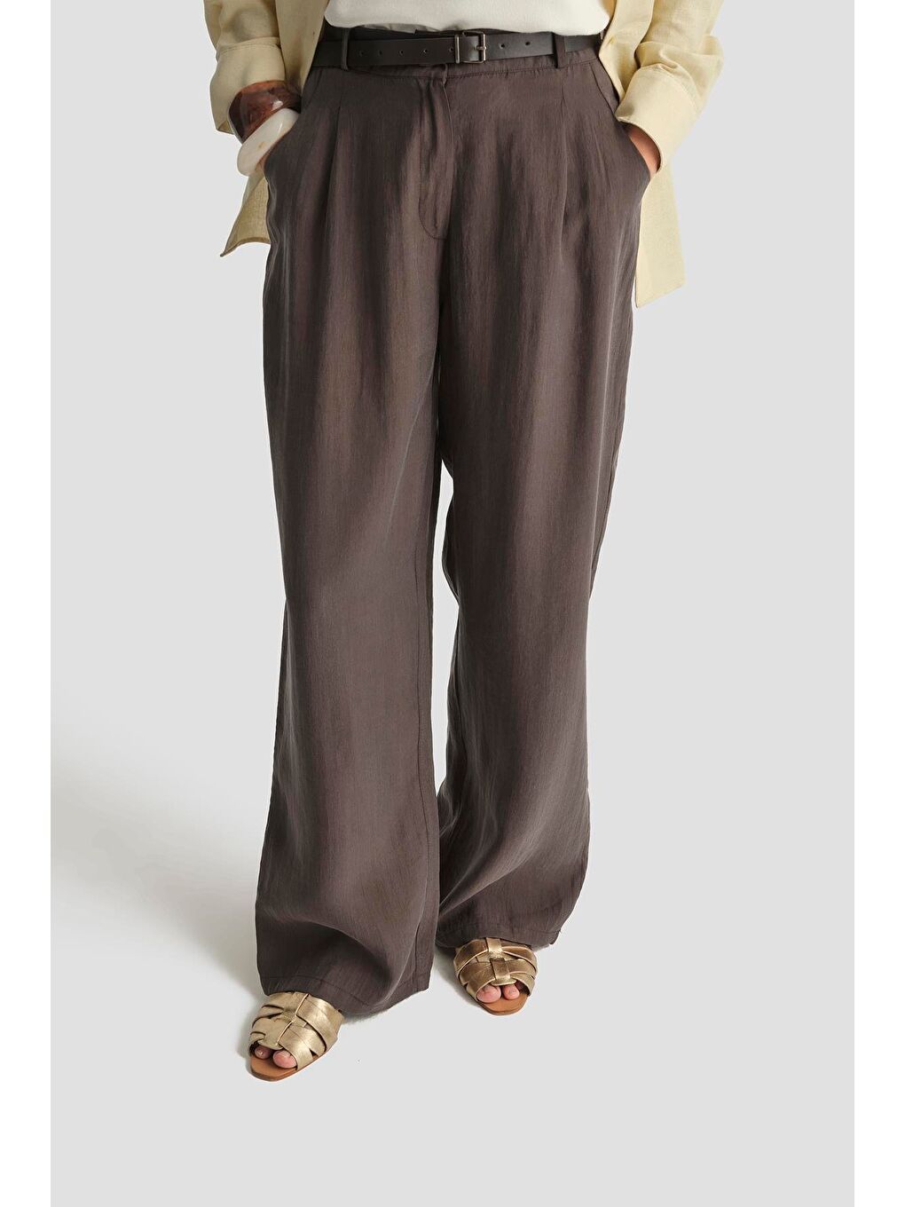 Kahverengi Kemerli Palazzo Lyocell Pantolon 25Y2810 Kakao-2