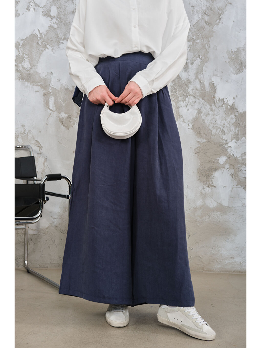 Kadın Pileli Bol Paça Pantolon Lacivert-2