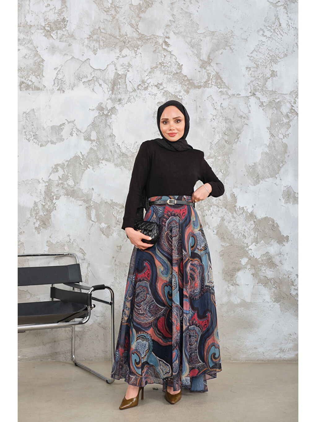 Kadın Kemerli Şifon Etek Saks Mavi-2