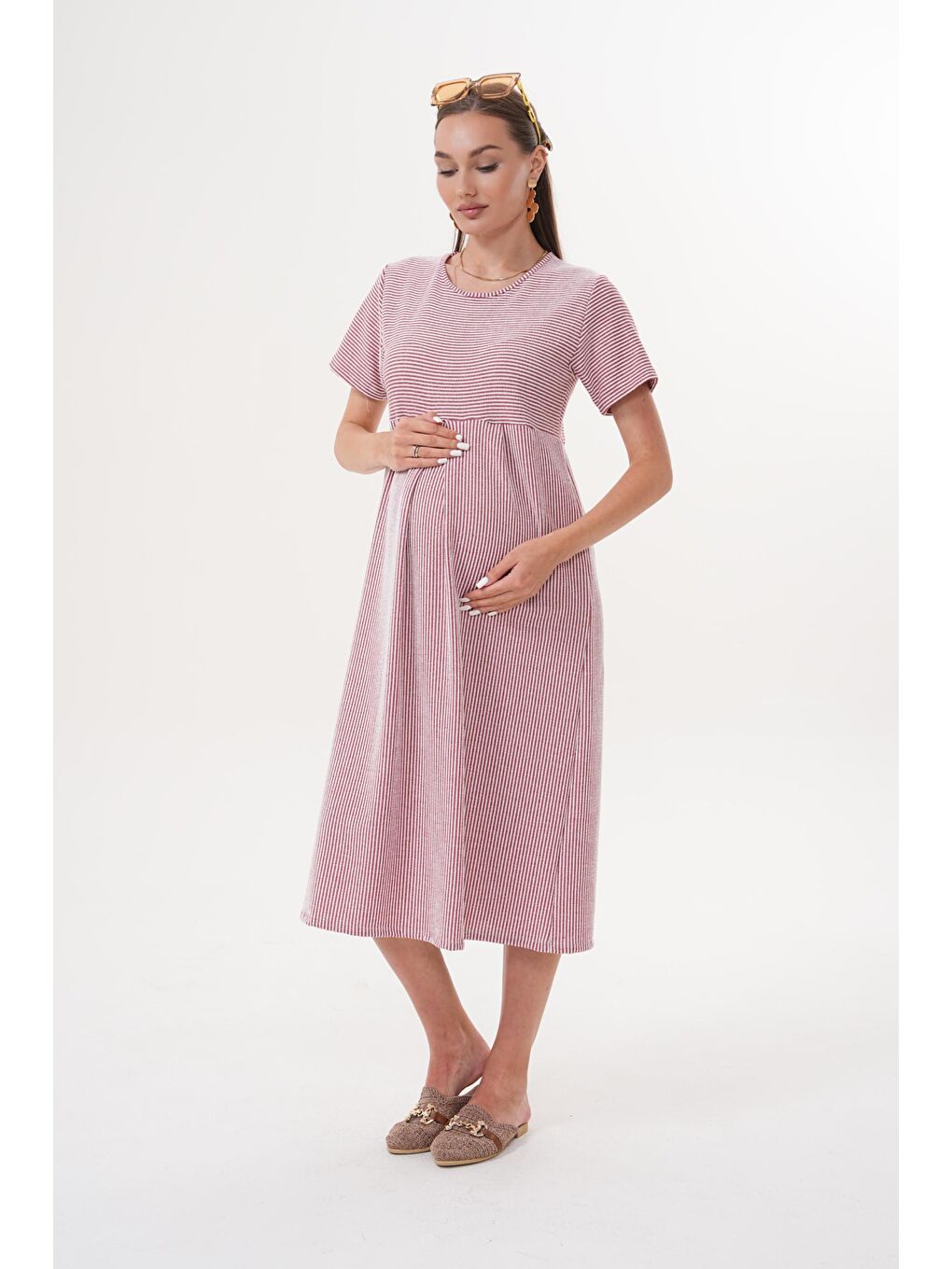 Bordo Çizgili Hamile ve Lohusa Kısa Kol Uzun Elbise