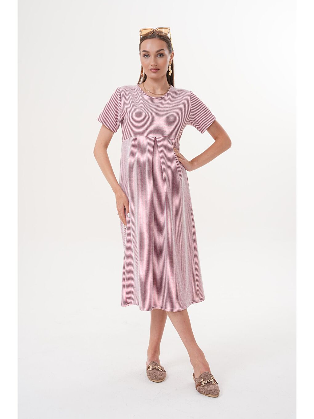 Bordo Çizgili Hamile ve Lohusa Kısa Kol Uzun Elbise-1
