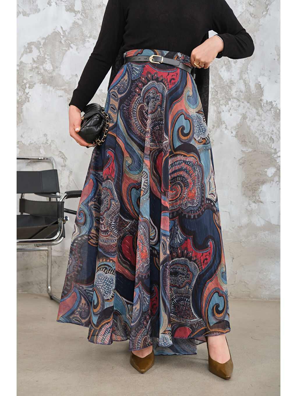 Kadın Kemerli Şifon Etek Saks Mavi-3