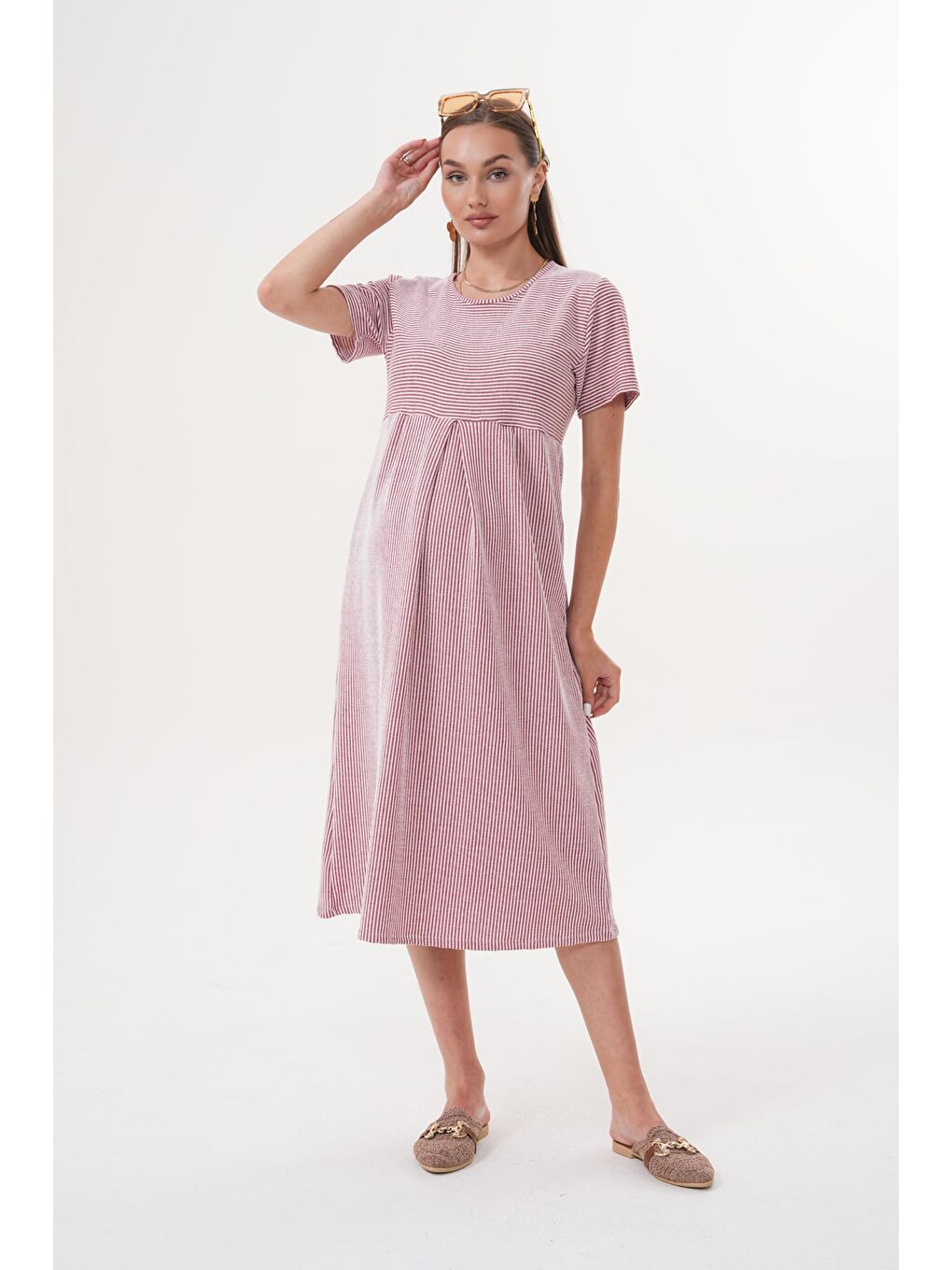 Bordo Çizgili Hamile ve Lohusa Kısa Kol Uzun Elbise-2