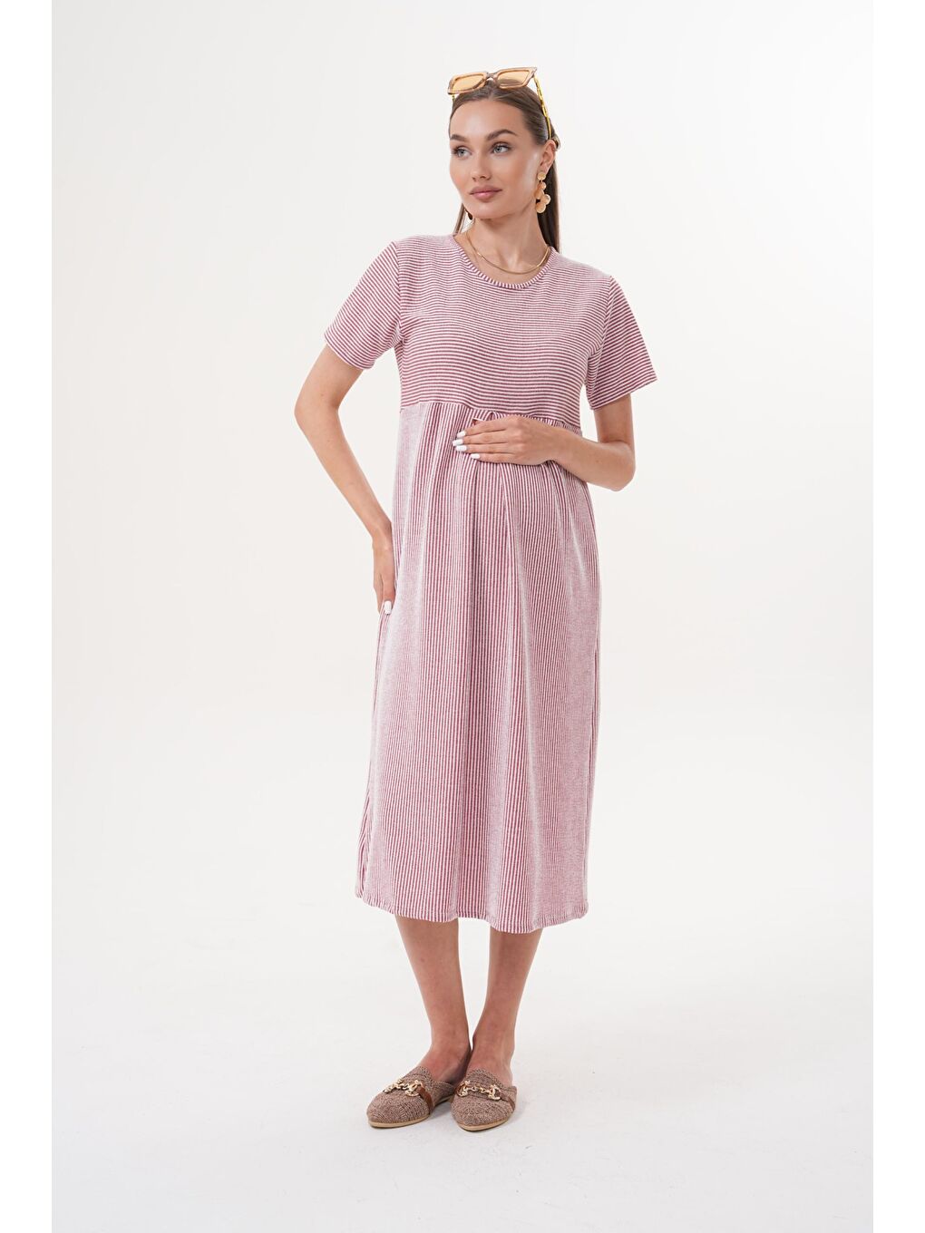 Bordo Çizgili Hamile ve Lohusa Kısa Kol Uzun Elbise-3