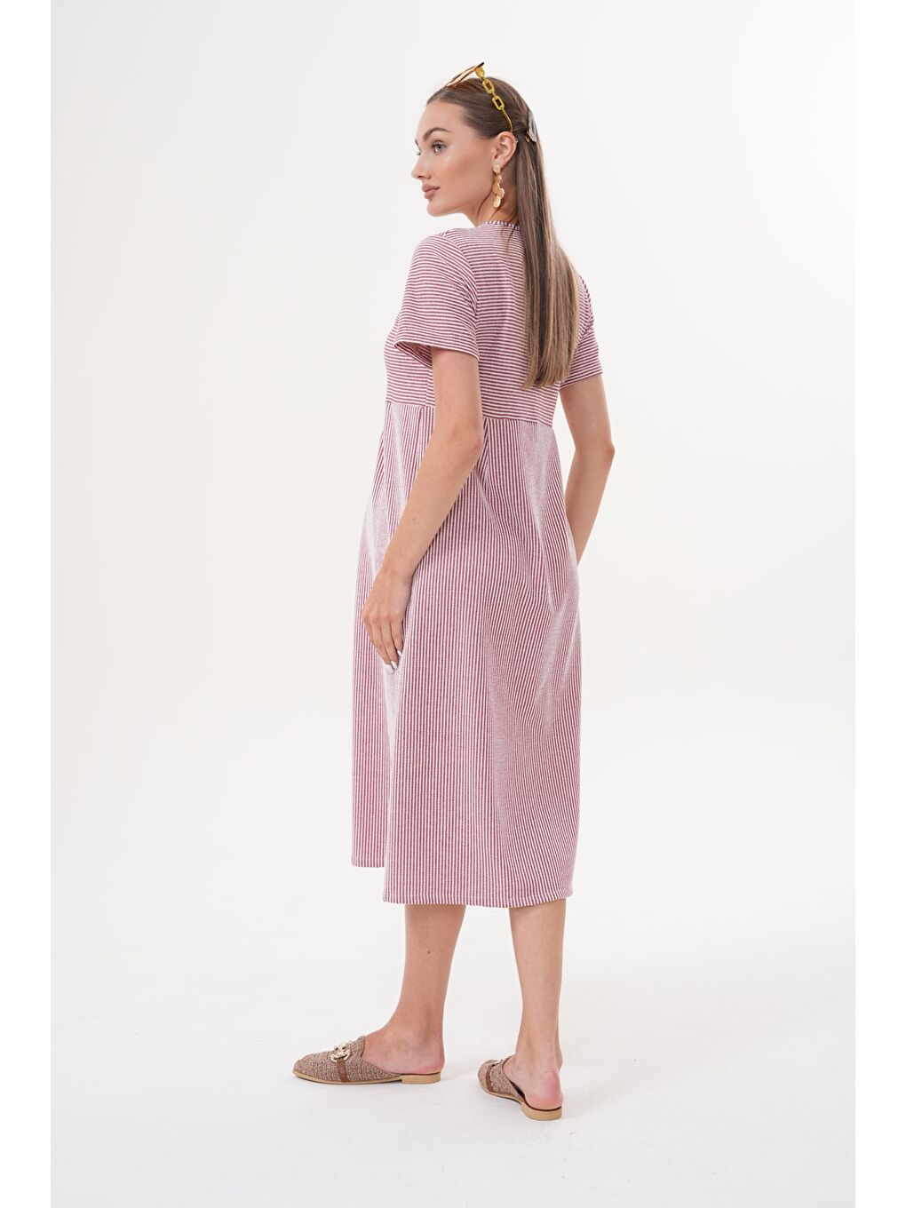 Bordo Çizgili Hamile ve Lohusa Kısa Kol Uzun Elbise-4