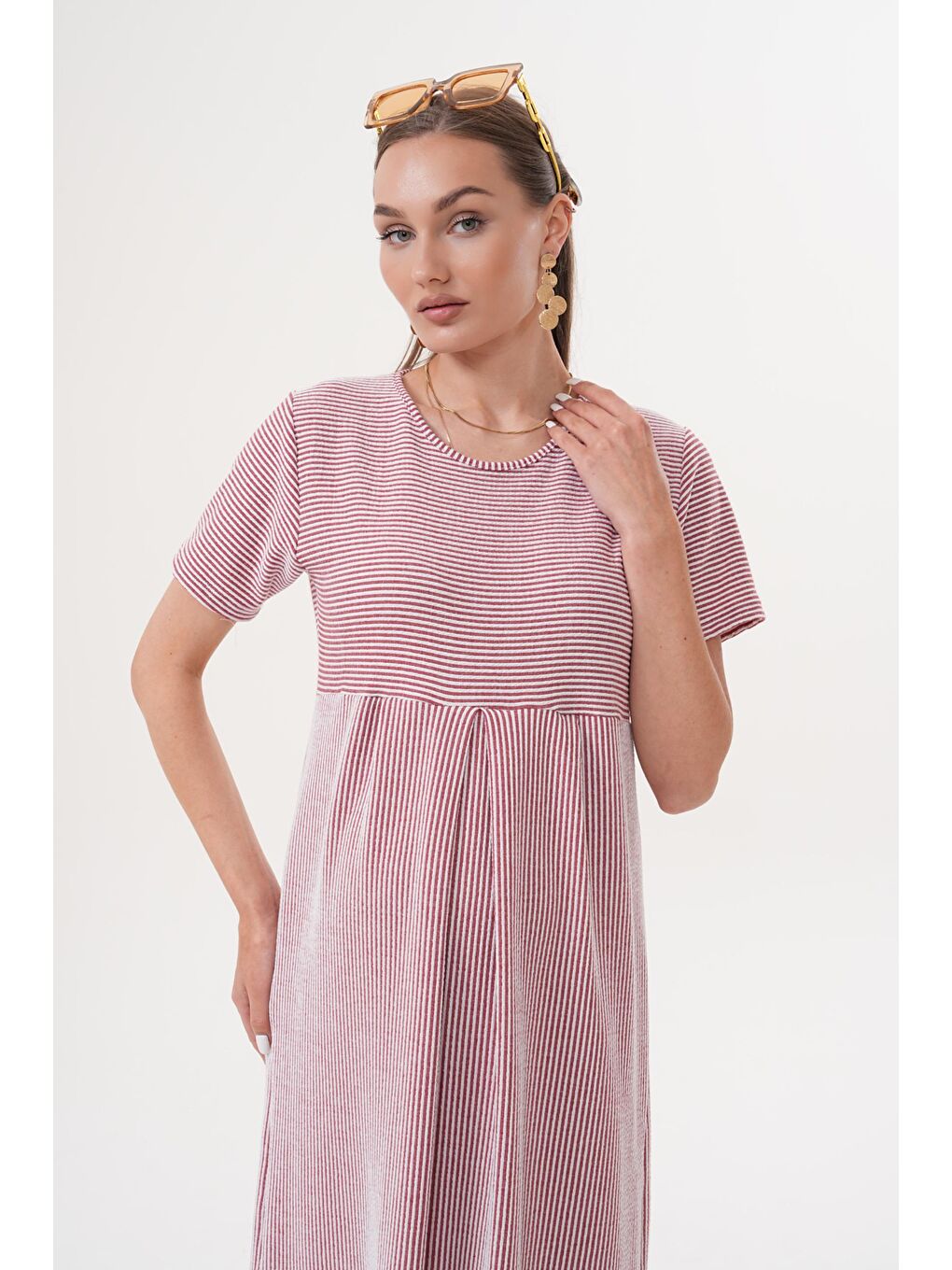 Bordo Çizgili Hamile ve Lohusa Kısa Kol Uzun Elbise-5