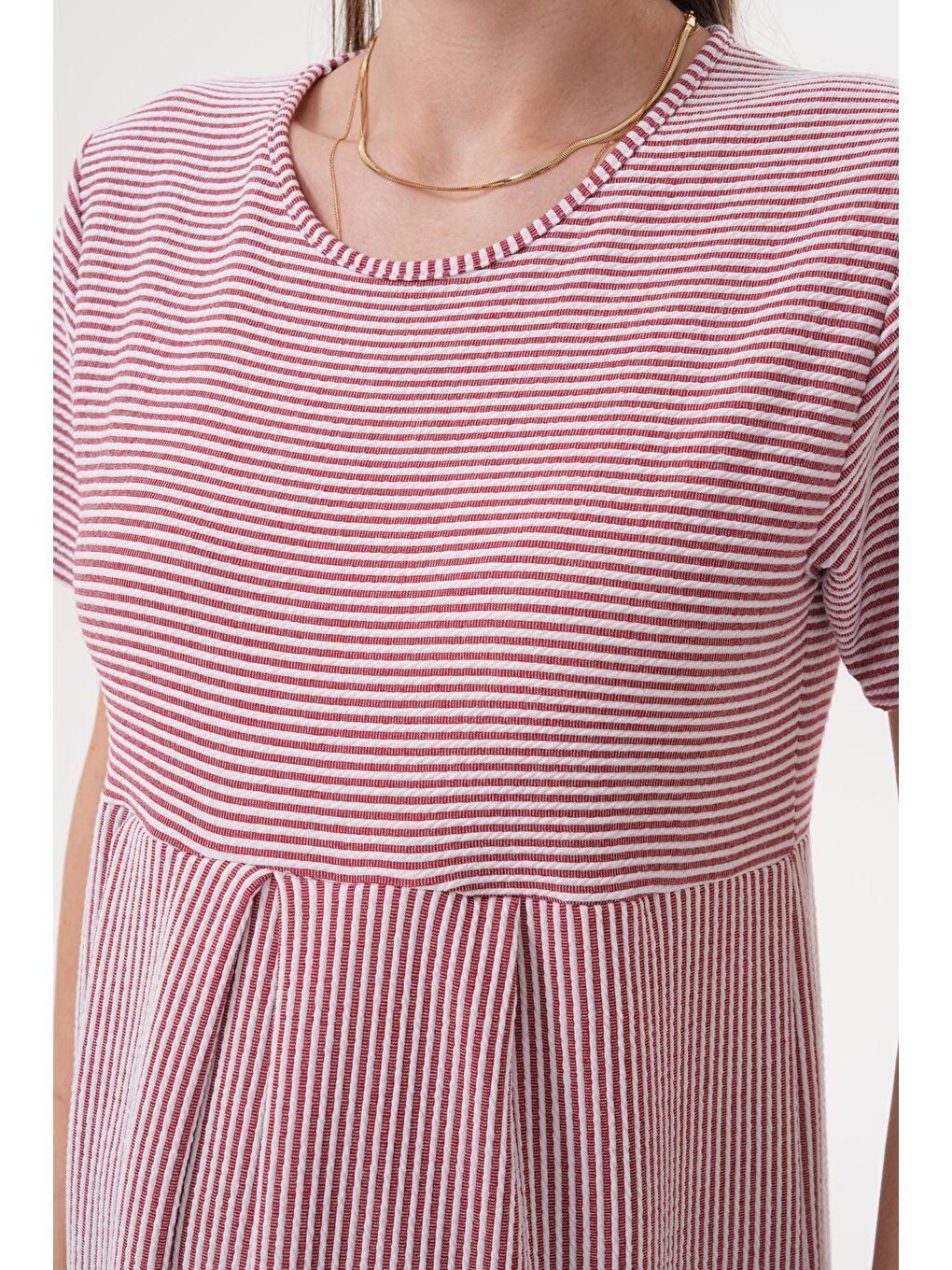 Bordo Çizgili Hamile ve Lohusa Kısa Kol Uzun Elbise-6