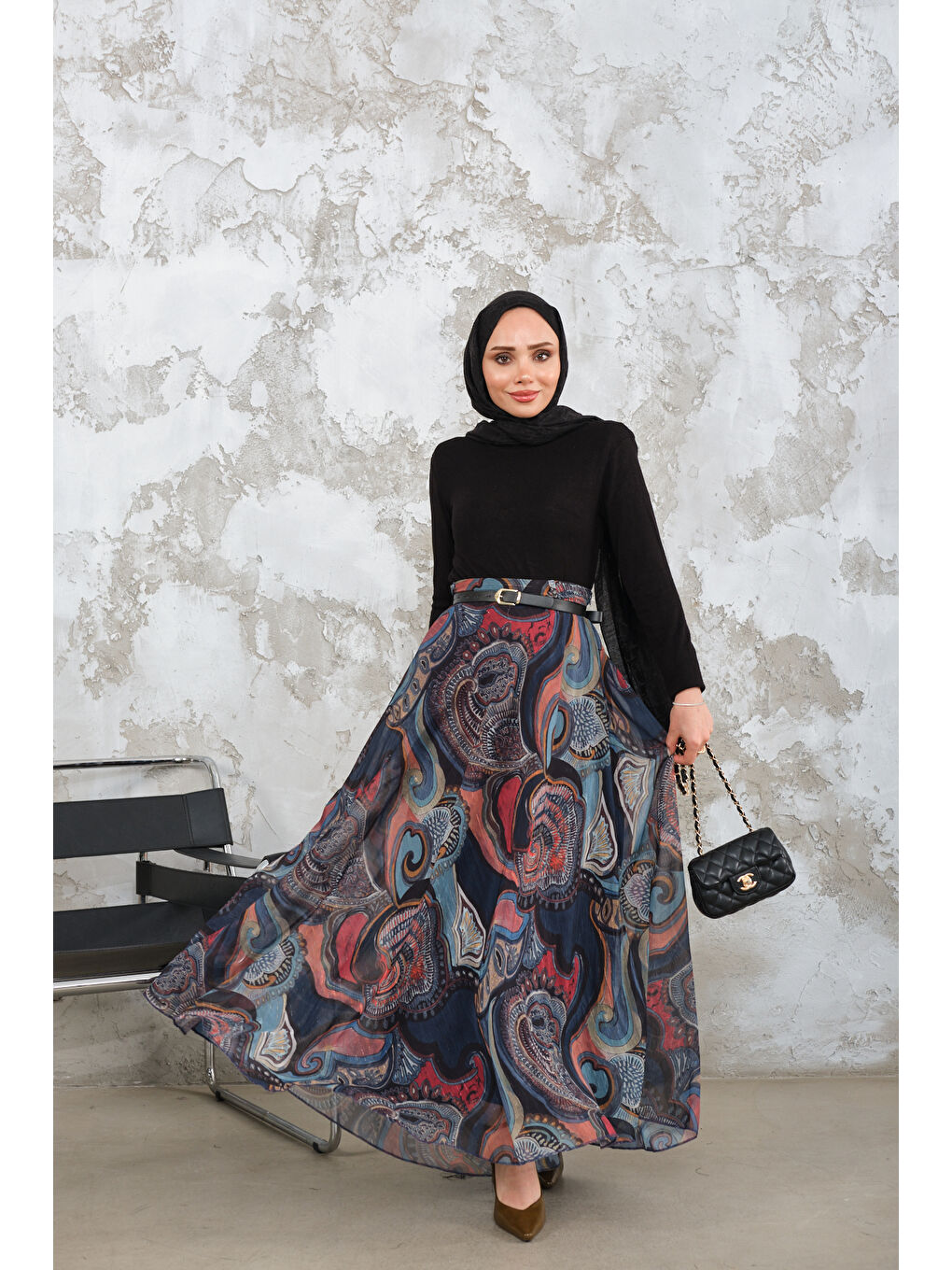 Kadın Kemerli Şifon Etek Saks Mavi-4