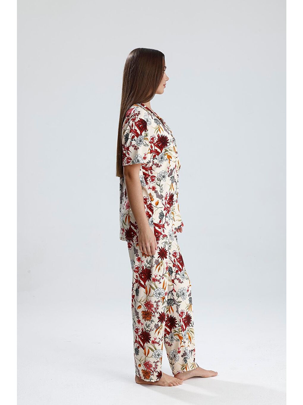 Ekru Kadın Şal Desen Önden Düğmeli Pijama Takım-3