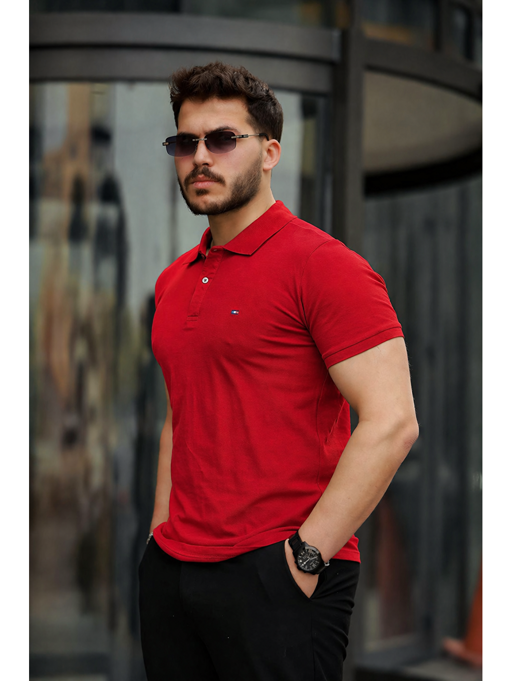 Kırmızı Erkek Polo Yaka Dar Kesim Tişört-1