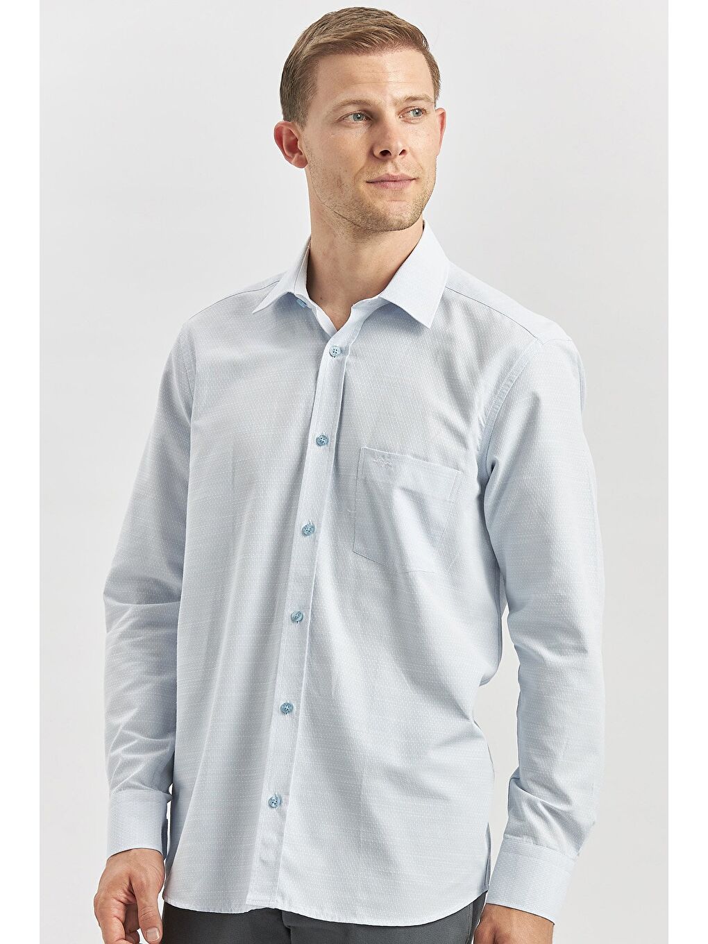 Koyu Mavi Uzun Kol Kendinden Desenli Armürlü 041 Sert Yaka Classic Comfort Fit Gömlek 1004240264