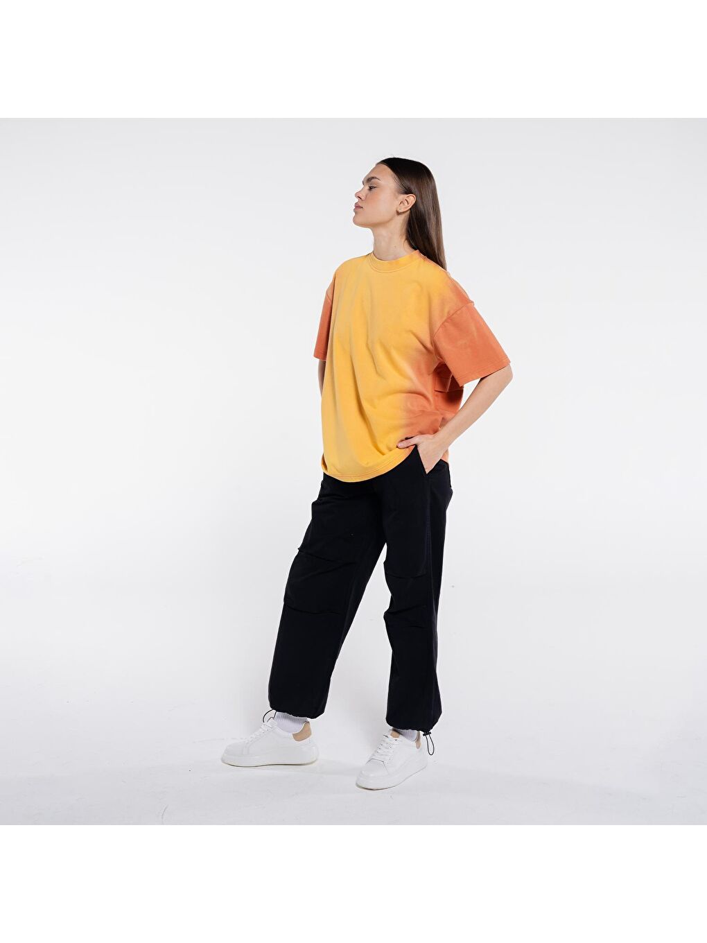 Seyu Kadın Turuncu %100 Pamuk Yıkamalı Ekstra Oversize Bisiklet Yaka Tişört-4