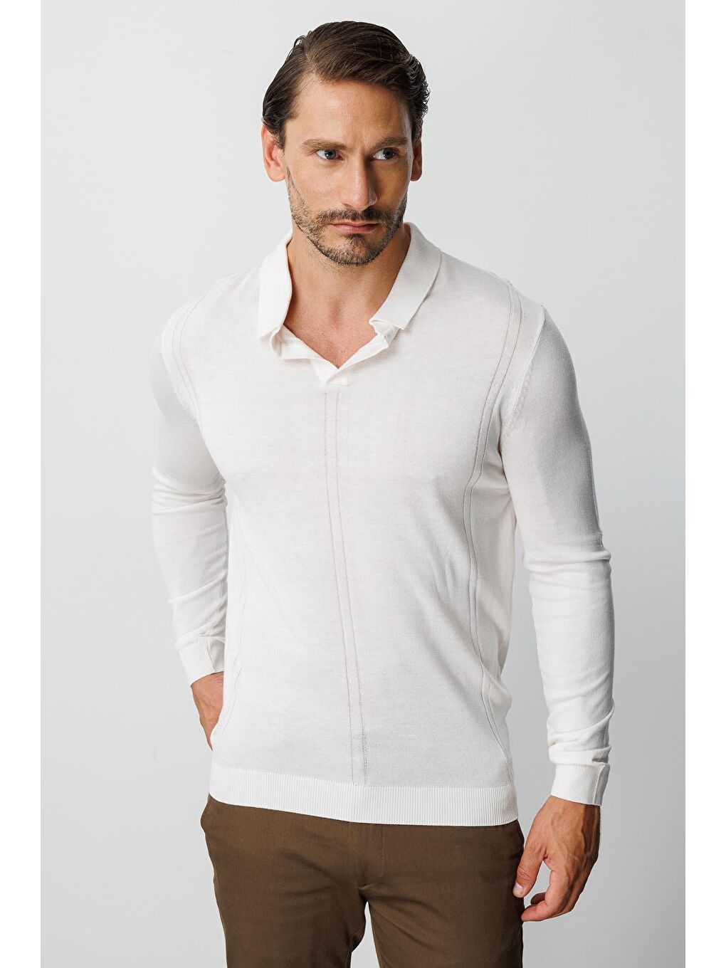 Ekru Polo Yaka Düz Uzun Kollu Triko-1