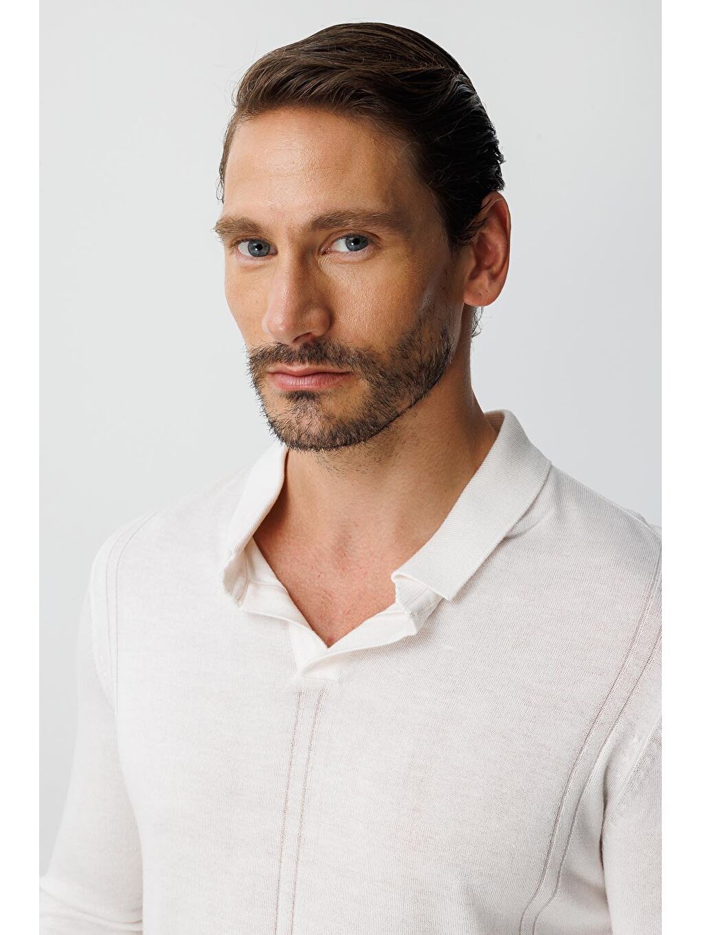 Ekru Polo Yaka Düz Uzun Kollu Triko-2