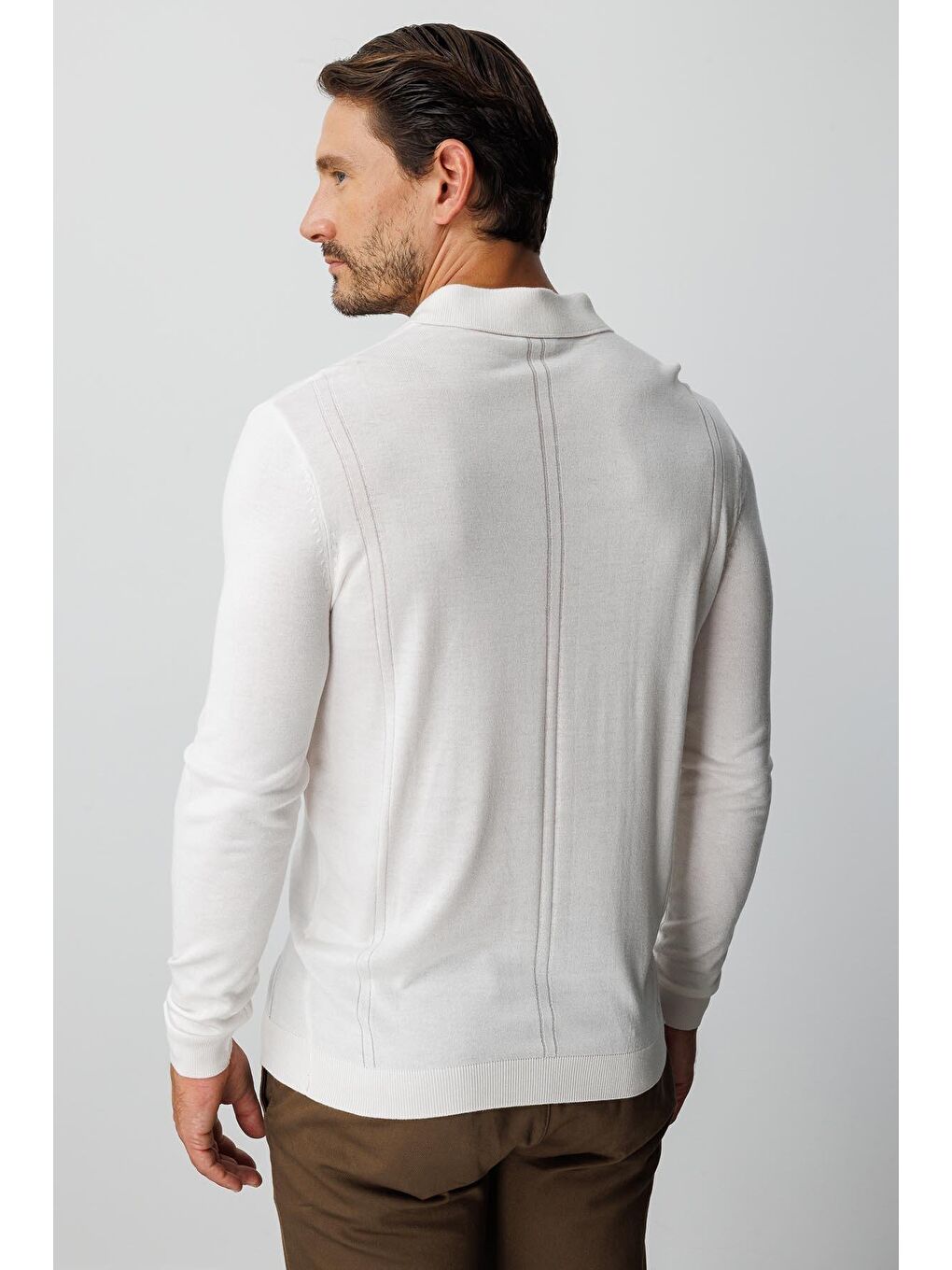 Ekru Polo Yaka Düz Uzun Kollu Triko-3