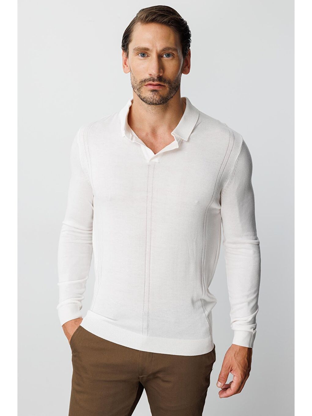 Ekru Polo Yaka Düz Uzun Kollu Triko-4