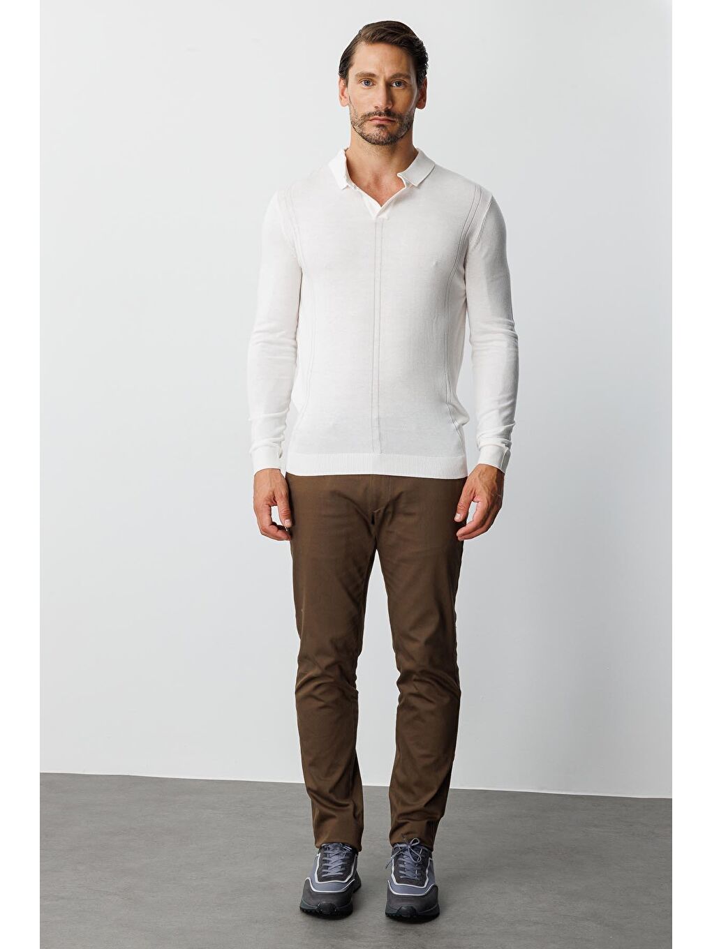 Ekru Polo Yaka Düz Uzun Kollu Triko-5