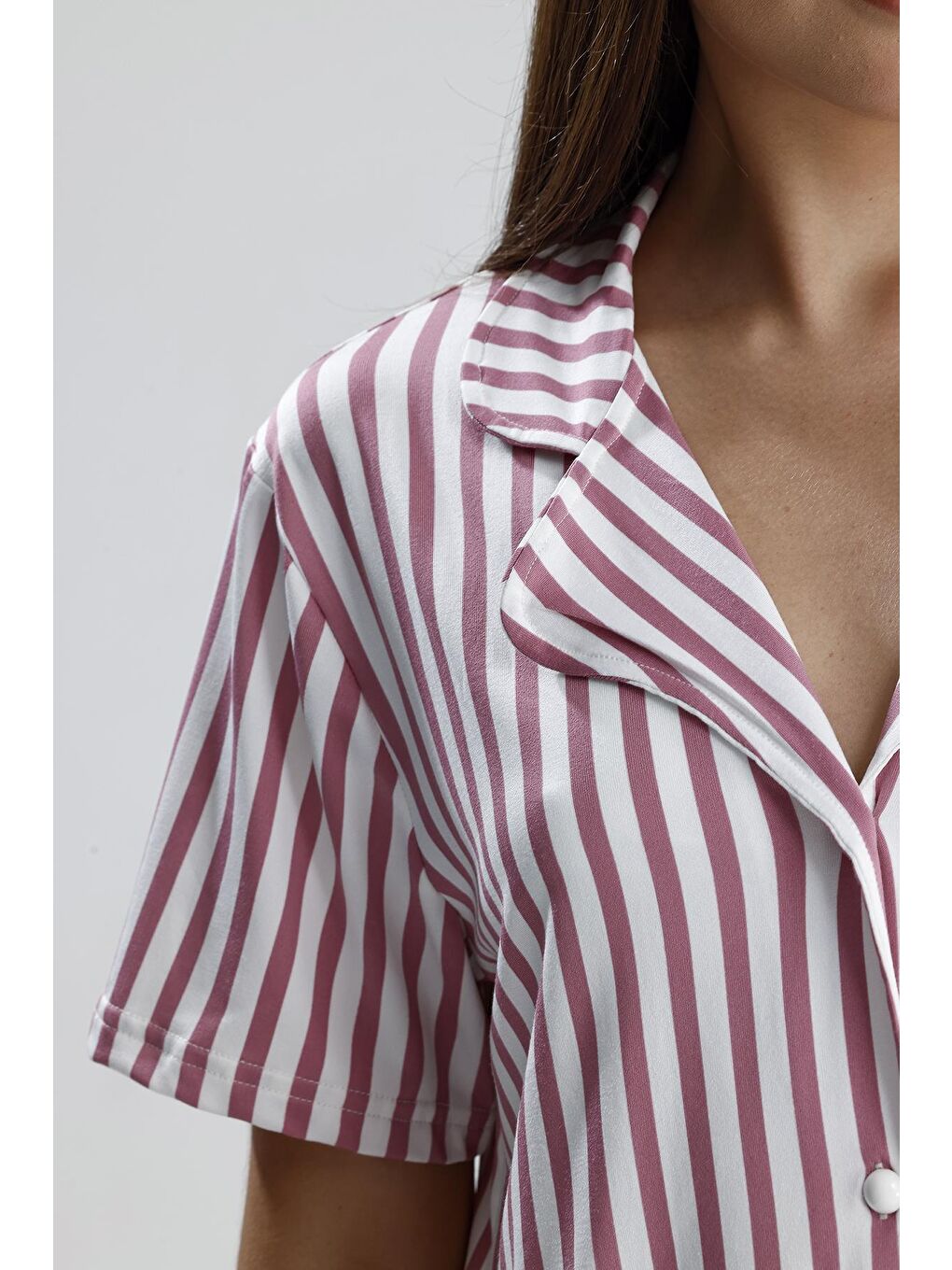 Kadın Çizgili Önden Düğmeli Pijama Takım | Mor-1